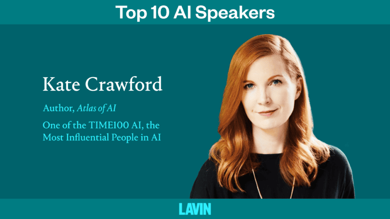 A graphic of AI ethics speaker Kate Crawford. The text reads, "Top 10 AI Speakers: Author of Atlas of AI, one of the TIME100 AI, the most influential people in AI"
