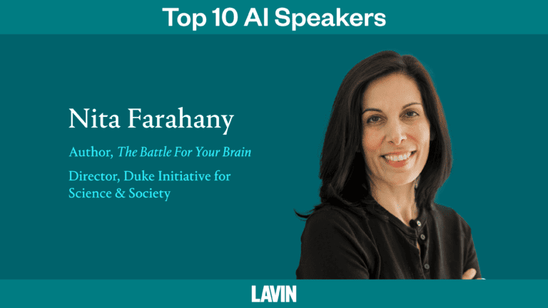 A graphic of AI policy speaker Nita Farahany. The text reads, "Top 10 AI Speakers: Nita Farahany. Author of The Battle for Your Brain, Director of the Duke Initiative for Science & Society."