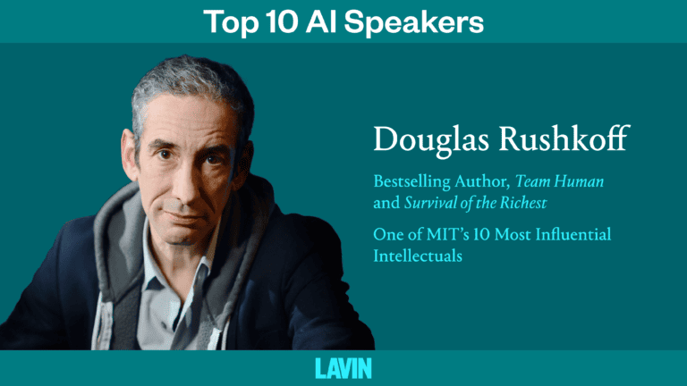 A graphic of AI technology speaker Douglas Rushkoff. The text reads, "Top 10 AI Speakers: Douglas Rushkoff. Bestselling author of Team Human and Survival of the Richest, one of MIT's 10 most influential intellectuals."