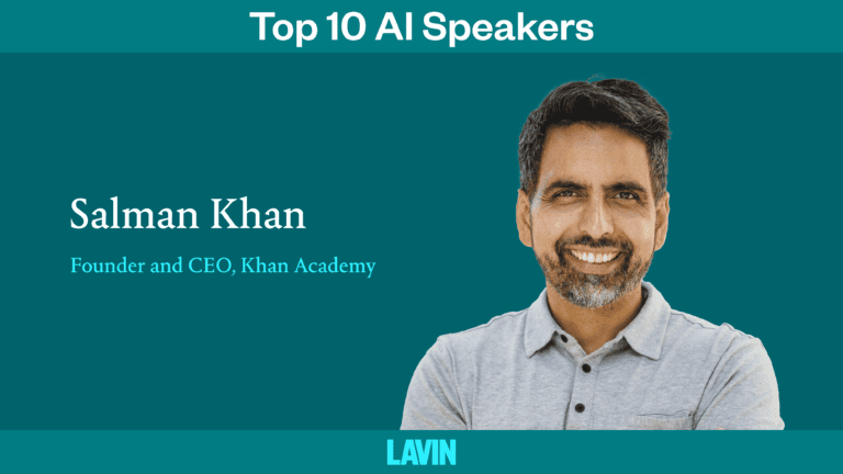 A graphic of AI technology speaker Sal Khan. The text reads, "Top 10 AI Speakers: Salman Khan. Founder and CEO of Khan Academy."