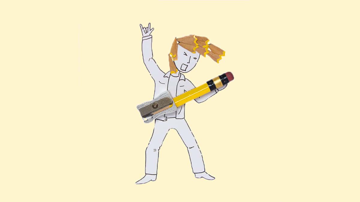Illustration of cartoon man playing guitar made out of a pencil and sharpener.