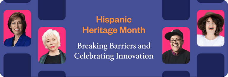 A graphic of four Hispanic or Latinx speakers. The text reads, "Hispanic Heritage Month: Breaking barriers and celebrating innovation"
