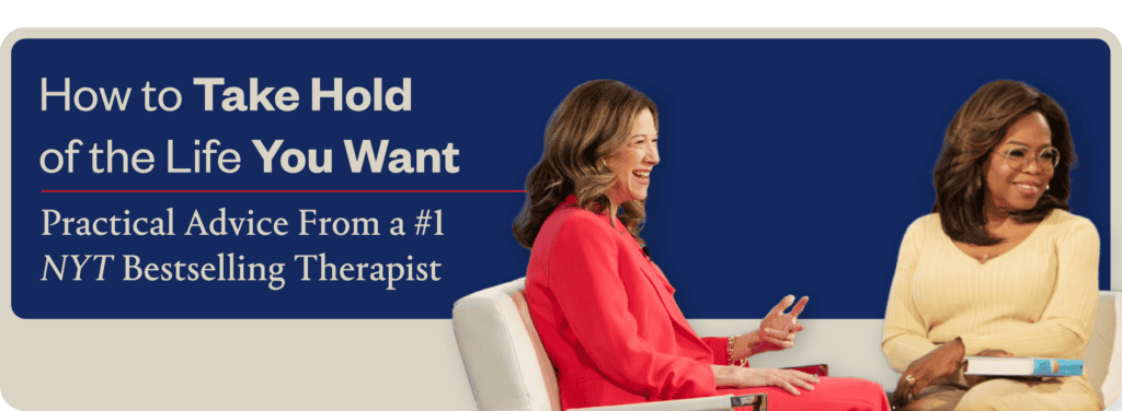 A graphic of Lori Gottlieb, a light-skinned woman with brown hair, and Oprah Winfrey, a Black woman with brown hair. The text reads, "How to take hold of the life you want: Practical advice from a #1 NYT bestselling therapist"