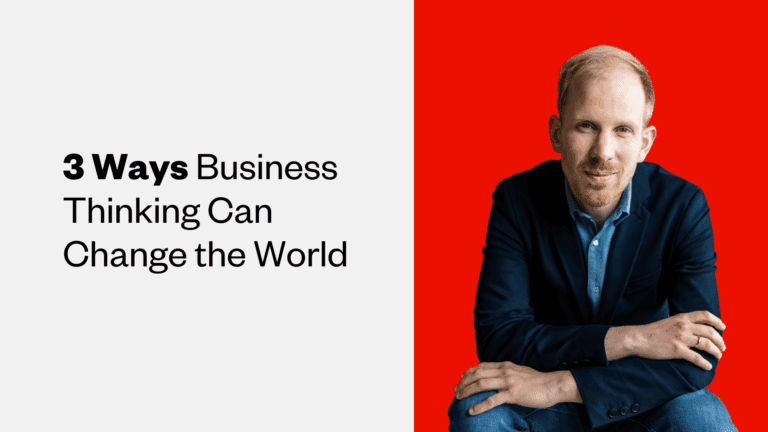 A photo of Rutger Bregman, with the text, "3 Ways Business Thinking Can Change the World"