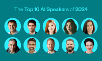 A banner image with the text "The Top 10 AI Speakers of 2024." Underneath are 10 headshots of AI keynote speakers in small circles.