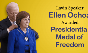 A graphic of Ellen Ochoa receiving a medal from President Biden. The text reads, "Lavin speaker Ellen Ochoa awarded Presidential Medal of Freedom"