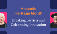 A graphic of four Hispanic or Latinx speakers. The text reads, "Hispanic Heritage Month: Breaking barriers and celebrating innovation"