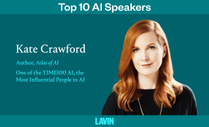 A graphic of AI ethics speaker Kate Crawford. The text reads, "Top 10 AI Speakers: Author of Atlas of AI, one of the TIME100 AI, the most influential people in AI"