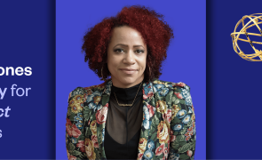 A graphic of Nikole Hannah-Jones and an Emmy statuette. The text reads, "Lavin's Nikole Hannah-Jones wins Emmy for 1619 Project docuseries"