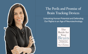 Nita Farahany with her book. Text above that says "The Perils and Promise of Brain Tracking Devices. Unlocking Human Potential and Defending Our Rights in an Age of Neurotechnology."