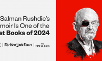 A graphic of Sir Salman Rushdie, a light-skinned man wearing a pair of glasses with one lens blacked out. The text reads, "Sir Salman Rushdie's memoir is one of the best books of 2024." The logos of TIME Magazine, The New York Times, and The New Yorker are below the text.