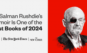 A graphic of Sir Salman Rushdie, a light-skinned man wearing a pair of glasses with one lens blacked out. The text reads, "Sir Salman Rushdie's memoir is one of the best books of 2024." The logos of TIME Magazine, The New York Times, and The New Yorker are below the text.