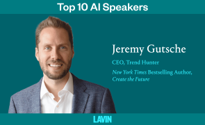 A graphic of AI futurist speaker Jeremy Gutsche. The text reads, "Top 10 AI Speakers: Jeremy Gutsche. CEO of Trend Hunter. New York Times bestselling author of Create the Future."