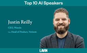 A graphic of AI strategy speaker Justin Reilly. The text reads, "Top 10 AI speakers: Justin Reilly. CEO of Wavelo, former Head of Product, Verizon"