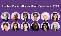 A banner image with the text "The Top 12 Women's History Month Speakers for 2024." Underneath are 12 headshots of Women's History Month keynote speakers in small circles.