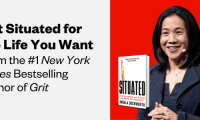 A graphic of Angela Duckworth, an East Asian woman with dark hair, and her book, Situated. The text reads, "Get situated for the life you want: From the #1 New York Times bestselling author of Grit."