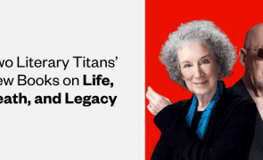 A photo of Margaret Atwood, a light-skinned woman with curly hair, and Salman Rushdie, a light-skinned man with an eyepatch. The text reads, "Two literary titans' new books on life, death, and legacy"