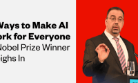 A photo of Daron Acemoglu, a Turkish-American man, speaking at a podium. The text reads, "2 ways to make AI work for everyone. A Nobel Prize winner weighs in"