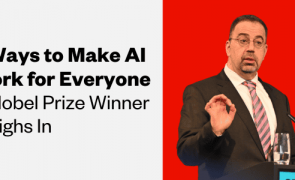 A photo of Daron Acemoglu, a Turkish-American man, speaking at a podium. The text reads, "2 ways to make AI work for everyone. A Nobel Prize winner weighs in"