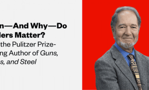 A graphic of Jared Diamond, a light-skinned man with gray hair. The text reads, "When—and why—do leaders matter? From the Pulitzer Prize-winning author of Guns, Germs, and Steel."