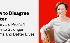 A photo of Julia Minson, a light-skinned woman with red hair. The text reads, "How to disagree better: A Harvard prof's 4 steps to stronger teams and better lives"