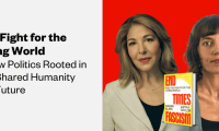 A graphic of Naomi Klein, a light-skinned woman with brown hair, and Astra Taylor, a light-skinned woman with dark hair. The text reads, "The fight for the living world: A new politics rooted in our shared humanity and future."